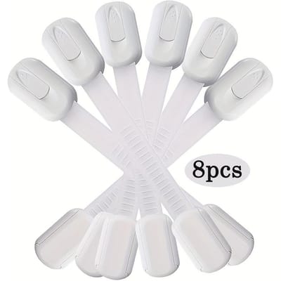 Lot de 8 loquets de sécurité coulissants pour réfrigérateur, armoires, tiroirs, lave-vaisselle, toilettes, adhésif 3M sans trous de perçage pour portes, fenêtres, armoires et plus encore. 8pcs white