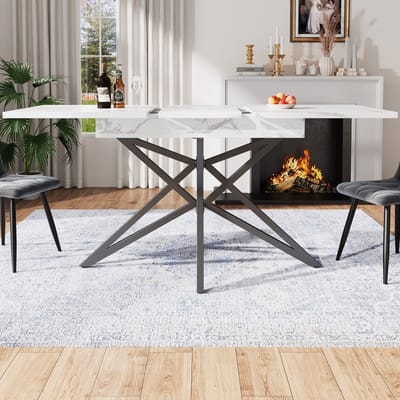Uitschuifbare eettafel 120-160x80 cm - keukentafel - ontbijttafel - stervormige tafelpoten - zwarte poten - marmerlook tafelblad