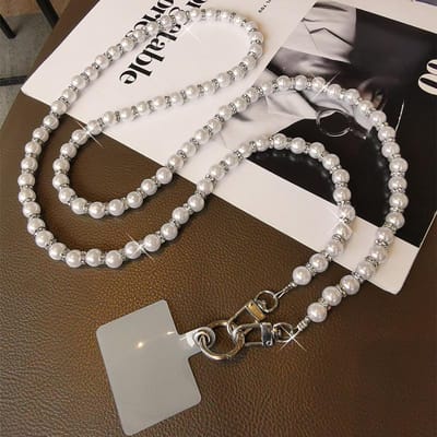 Lange Parels Telefoon Lanyard Handgemaakte Kralenketting Enkele Schouder Diagonaal Kruis Anti-Val Strap Met Strass Steentjes Voor Alle Telefoonhoesjes gray