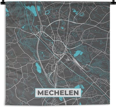Wandkleed - Wanddoek - Kaart – Plattegrond – Stadskaart – Mechelen – België - Grijs - 180x180 cm - Wandtapijt