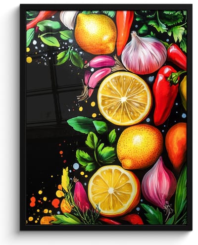 Poster in lijst - Fotolijst 50x70 cm - Posters - Citroenen - Peper - Kruiden - Graffiti - Verf - Abstract - Posterlijst zwart - Decoratie - Wanddecoratie woonkamer - Muurdecoratie slaapkamer
