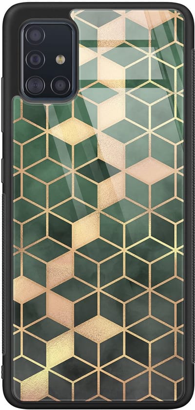 Hoesje geschikt voor Samsung Galaxy A51 - Groen kubus - Luxe Glazen Hardcase - Print / Illustratie - Groen