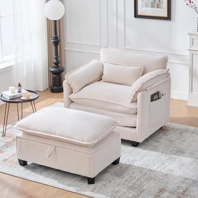 Oversized Fauteuil - Lounge Stoel - Ontspannen Lezen - Met Opbergvoetenbank - 103x85x91cm - Beige