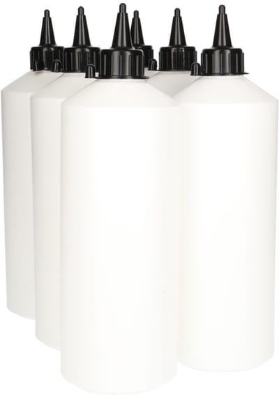 6 x Doseerfles 1000 ml wit met Tuitdop zwart - Rond- BPA Vrij - Niet Breekbaar - Plastic Flesjes Navulbaar - Met Dop - Lege Flessen - 6 stuks