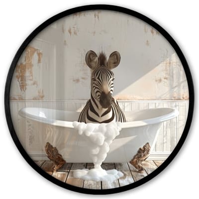 Poster in lijst Rond - Fotolijst 40x40 cm - Posters - Vintage - Zebra - Wilde dieren - Badkuip - Ronde posterlijst zwart - Decoratie - Wanddecoratie woonkamer - Muurdecoratie slaapkamer