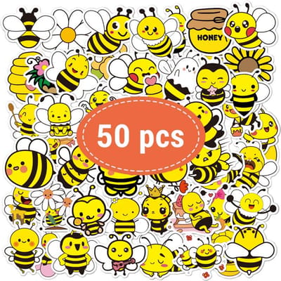 50 Pièces Autocollants Abeille Mignon Dessin Animé Jaune Vinyle Imperméable Autocollants Animaux Abeilles pour Bouteilles d'Eau, Ordinateur Portable, Colis, Bagages red