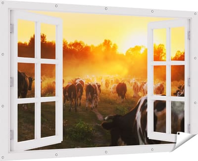 Gards Tuinposter Doorkijk Kudde Koeien in Weiland bij Zonsondergang - 180x120 cm - Tuindoek - Tuindecoratie - Wanddecoratie buiten - Tuinschilderij