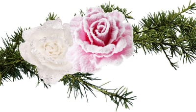Kerstboomversiering bloemen op clip - 2x st - roze en wit - 10 cm