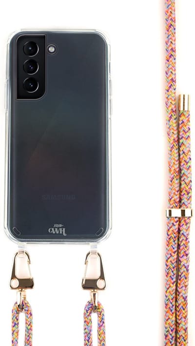 xoxo Wildhearts Rainbow Vibes siliconen hoesje - Geschikt voor Samsung S21 Plus - Hoesje met koord - Telefoonkoord - Samsung hoesje - Transparant hoesje - Meerkleurig regenboog koord