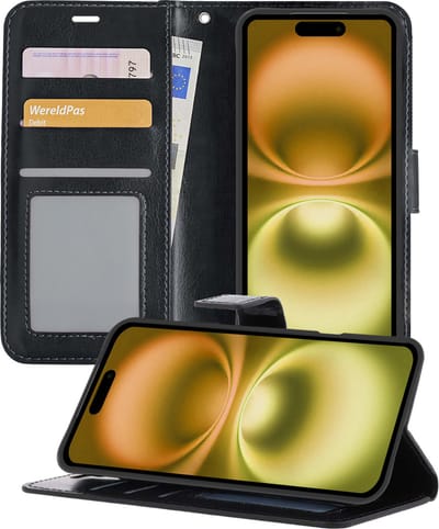 Hoesje - Met Pasjeshouder - Geschikt voor Apple iPhone 16 - Luxe Bookcase Portemonee - Flip Case - Kunstleer Book Case - Flipcase - Book Cover - Walletcase - Portemonneehoes - Telefoonhoesjes - Zwart