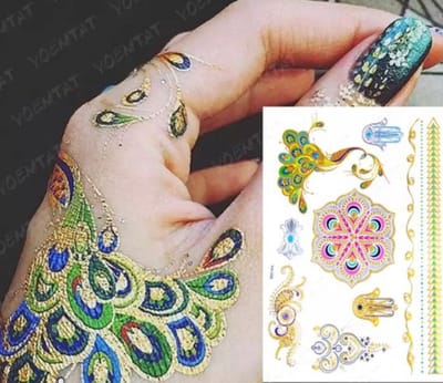 Nep tattoo – fake - tattoo - kleurrijke metallic tattoo's - Nazar festival - Evil eye bohemian - feest - zomer - dames - glitters - juwelen tattoo - plaktattoo - neppe tattoo – 1 vel met tattoos – fantasie – nep tattoo – festival tattoo – goud