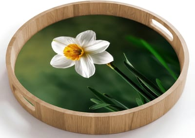 Dienblad rond 40x40 cm - Schootdienblad hout - Narcis - Bloem - Wit - Grassprieten - Borrelplank rechthoek - Plateau houten dienbladen