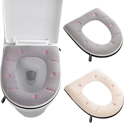 Toiletbril Covers 2 Stuks Pluche Warm met Rits Wasbaar Antislip Zacht en Schattig Perzikpatroon 15 x 17 Inch voor Comfort en Hygiëne