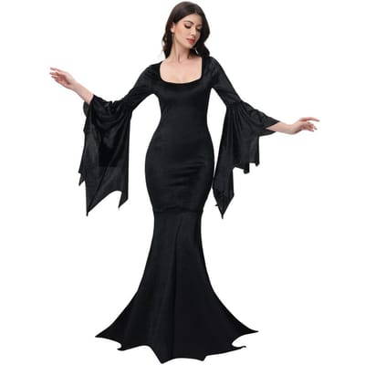 [Tu es Mon Secret] Halloween Morticia Adams Primate Black Adams Family Robe Rétro Gothique Manches Évasées Robe Queue de Poisson Vestido S black