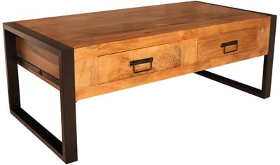Salontafel industrieel mangohout Kai 120cm side table met 2 lades duurzaam massief hout mango bijzettafel
