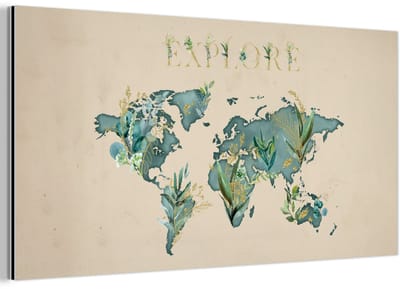 Aluminium schilderij 160x80 cm - Wanddecoratie metaal - Wereldkaart - Planten - Water - Metalen muurdecoratie woonkamer - Decoratie industrieel - Foto op dibond - Industriële accessoires slaapkamer