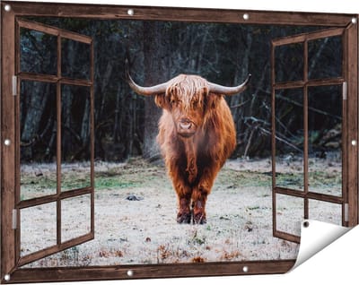 Gards Tuinposter Doorkijk Schotse Hooglander bij het Bos - 120x80 cm - Tuindoek - Tuindecoratie - Wanddecoratie buiten - Tuinschilderij