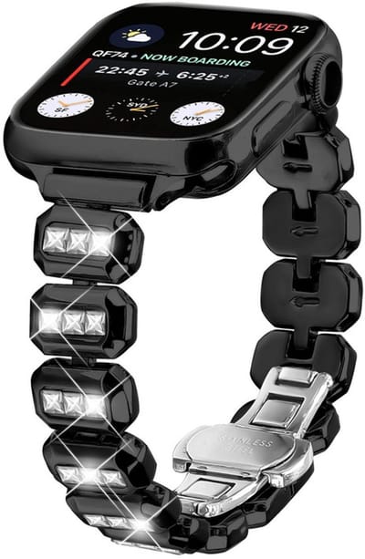 RVS bandje met glittersteentjes - geschikt voor Apple Watch 1/2/3/4/5/6/7/8/9/10/11/ SE (1,2,3) met maat 38 mm / 40 mm / 41 mm en 42 mm (Watch 10/11) - stalen band met vlindersluiting - zwart