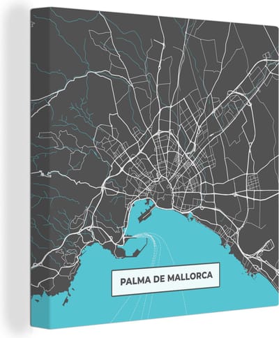 Canvas Schilderij Mallorca - Stadskaart - Blauw - Plattegrond - Kaart - 20x20 cm - Wanddecoratie
