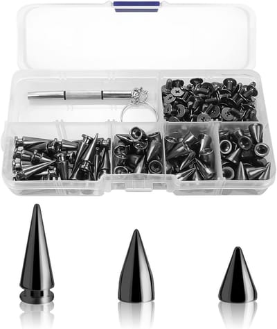100 Stuks Spikes en Nieten 7mm voor DIY Projecten, Punk Rock Rivets voor Tassen, Kleding en Lederen Handwerk met Schroevendraaier (Zwart, 3 Maten)