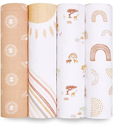 100% Katoen Mousseline Inbakeren & Ontvangende Dekens voor Baby's - 120x120cm, Perfecte Set voor Pasgeborenen, 4-Pack