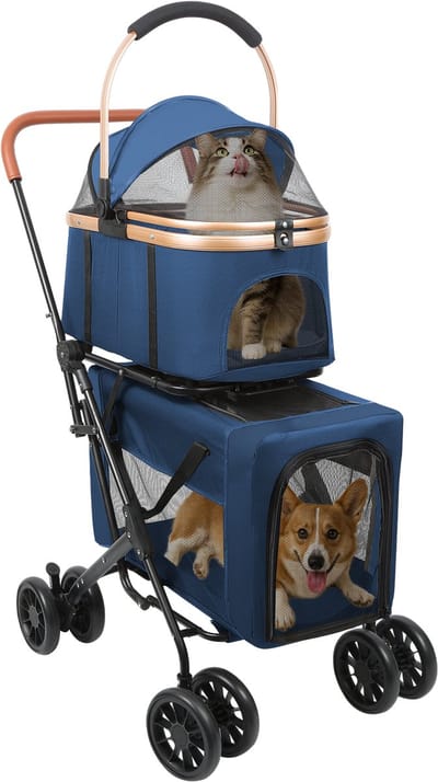 PIPIPOXER-Hondenbuggy Huisdierenwagen Huisdierenbuggy met veiligheidsgordel voor 2 honden, (2-delig), blauw