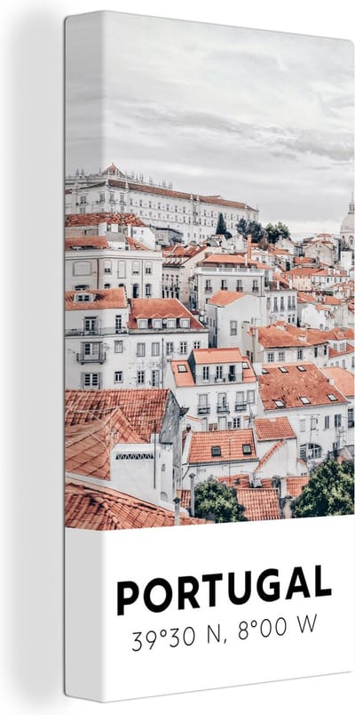 Canvas Schilderij Portugal - Europa - Rood - Skyline - 20x40 cm - Wanddecoratie