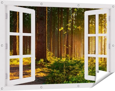 Gards Tuinposter Doorkijk Bos met Zon tussen de Bomen - 120x80 cm - Tuindoek - Tuindecoratie - Wanddecoratie buiten - Tuinschilderij