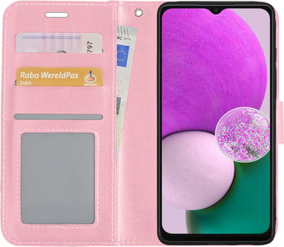 Hoes - Met Pasjeshouder - Geschikt voor Samsung Galaxy A13 4G - Luxe Bookcase Portemonee - Flip Case - Kunstleer Book Case - Flipcase - Book Cover - Walletcase - PortemonneeHoes - Lichtroze