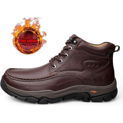 Klassieke Heren Outdoor Wandelschoenen Middelhoge Vetersluiting Enkele Schoenen Plus Fluweel Warm Leer Casual Schoenen Comfortabele Voering Herenschoenen 9.5 bruin