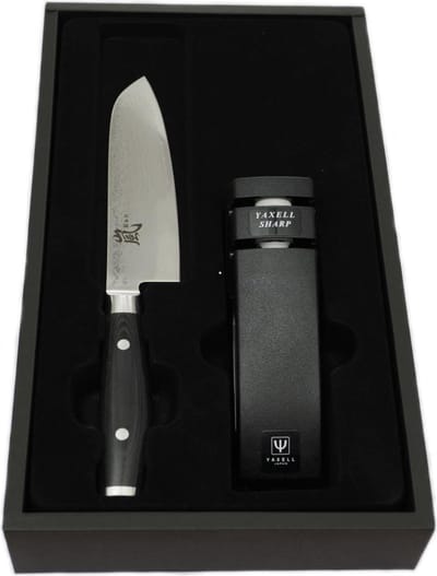 Yaxell Ran Messenset – Giftset – 2-delig – Santoku Mes 16,5 cm en Messenlijper – 69 Lagen Damaststaal – VG10 Staal – 61 HRC – Canvas-Micarta Heft