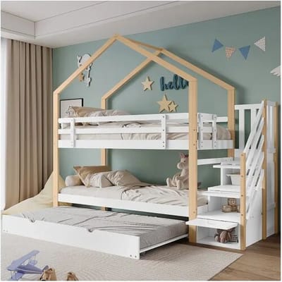 Merax Stapelbed 2 x 90 x 200 cm met uitschuifbed 90 x 190 cm, met 4 lades en trap, massief hout + MDF, wit