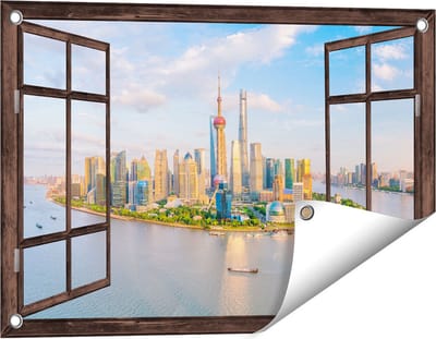 Gards Tuinposter Doorkijk Skyline Shanghai Stad in China - 60x40 cm - Tuindoek - Tuindecoratie - Wanddecoratie buiten - Tuinschilderij