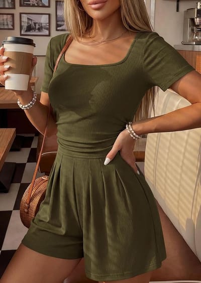 Elegante korte jumpsuit voor dames met hoge taille, ronde hals en zakken - Perfect voor strandvakanties en vrije tijd