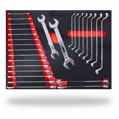 Sleutelset 27-delig ‘Wanda’ – in Softmodule | 17 Steek-Ringsleutels (6–22 mm), 2 Steek-Steeksleutels (27/32 mm) & 8 Gebogen Ring-Ring Sleutels (6×7 t/m 20×22 mm) – Overzichtelijk & Robuust