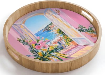 Dienblad rond 40x40 cm - Schootdienblad hout - Roze - Buiten - Verf - Borrelplank rechthoek - Plateau houten dienbladen