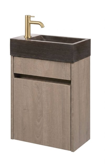 Saqu Florence fonteinmeubel toffee incl. natuurstenen fontein en geborsteld messing kraan links