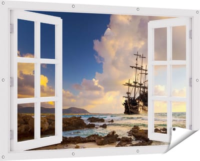 Gards Tuinposter Doorkijk Piratenschip aan de Kust bij Zonsondergang - 150x100 cm - Tuindoek - Tuindecoratie - Wanddecoratie buiten - Tuinschilderij