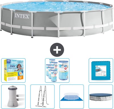 Intex Rond Prism Frame Zwembad - 457 x 107 cm - Grijs - Inclusief Pomp - Ladder - Grondzeil - Afdekzeil Onderhoudspakket - Filters - Vloertegels