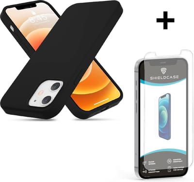ShieldCase telefoonhoesje geschikt voor Apple iPhone 12 Mini silicone case - 5.4 inch - zwart + glazen Screen Protector