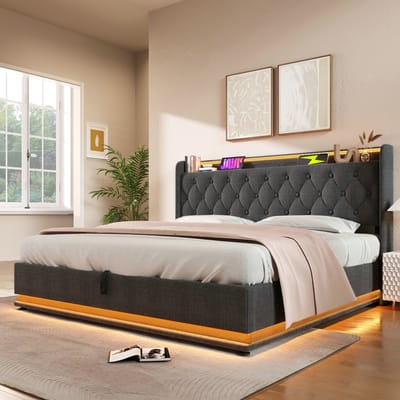 VVBV Gestoffeerd Bed met Opbergruimte 140x200 cm met Voor Hal/Entree, Hoofdbord - USB-C - Linnen Grijs - Zonder Matras