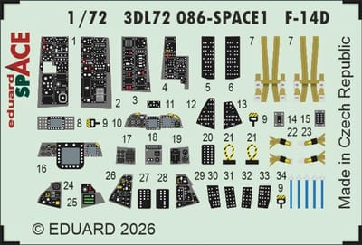 Eduard Modelbouwdecoratie - 3DL72086 Interieur 3D Decals voor Grumman F-14D Tomcat - Photo-etch