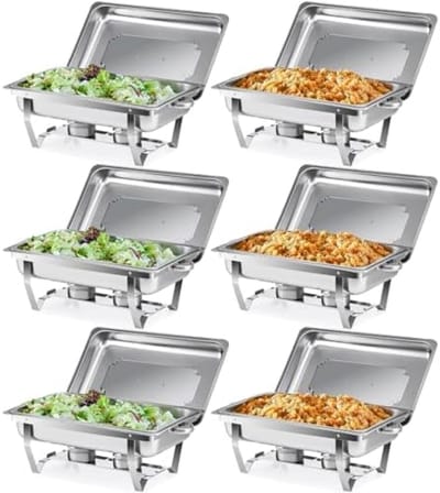 Chafing dish set GN 1/1, Warmhoudcontainer inhoud 9 liter van roestvrij staal, Voedselverwarmer met brandpasta houders, Rechthoekige buffet warmer set voor buffet catering feest (6 stuks)