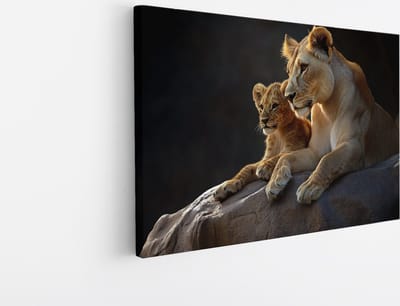 Saammp Canvas Schilderij - Leeuwin met welp op steen - Dieren - Natuur - 45x30 - Foto op canvas - Wanddecoratie - Muurdecoratie Woonkamer - Slaapkamer decoratie - Canvas Print
