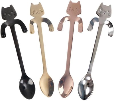 4-pack - Zilver, Goud, Roségoud, Zwart - Mini Kat Koffielepel - Creatieve Cartoon Kat RVS Dessertlepel - Hangende Koplepel - Koffielepel - Lichtgewicht en Draagbaar