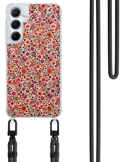 Hoesje met koord geschikt voor Samsung Galaxy A35 5G - Vintage floral - Inclusief Zwart koord - Crossbody beschermhoes - Transparant, Roze - Mooie Telefoonhoesjes