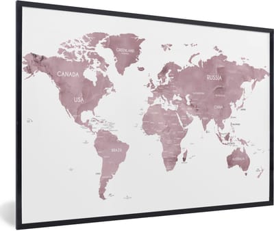 Poster in lijst - Fotolijst 90x60 cm - Posters - Wereldkaart - Paars - Wit - Posterlijst zwart - Decoratie - Wanddecoratie woonkamer - Muurdecoratie slaapkamer