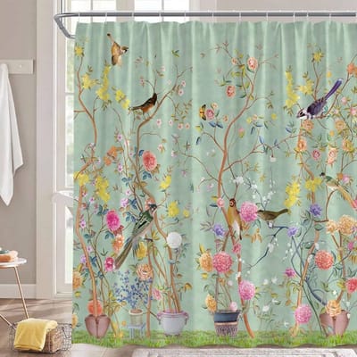 Douchegordijn 180x180cm, schimmelwerend, bloemenprint, waterdicht, machinewasbaar en sneldrogend, polyester, groene vogelprint, douchegordijn voor badkamers met 12 douchegordijnringen