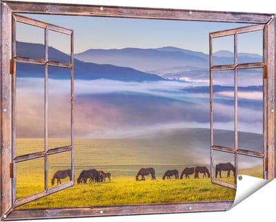 Gards Tuinposter Doorkijk Kudde Wilde Paarden in de Wei bij Heuvels - 150x100 cm - Tuindoek - Tuindecoratie - Wanddecoratie buiten - Tuinschilderij