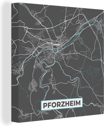 Canvas Schilderij Duitsland – Blauw – Pforzheim – Stadskaart – Kaart – Plattegrond - 20x20 cm - Wanddecoratie
